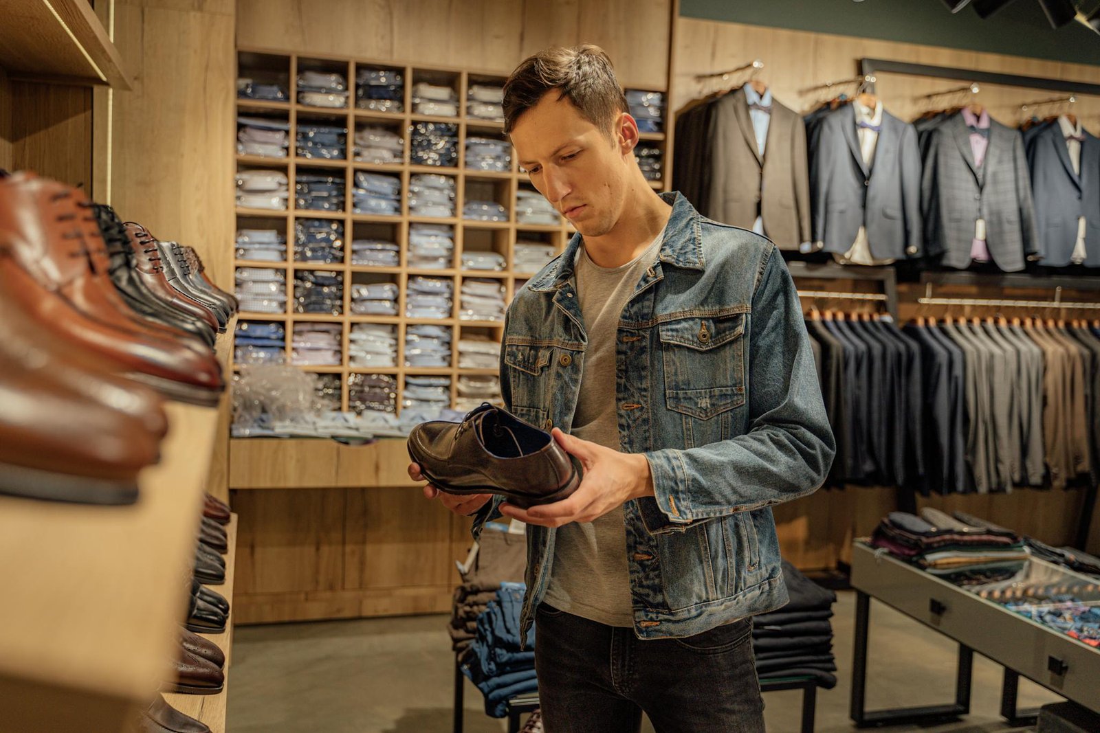 A young man inspects leather shoes in a stylish boutique's menswear section.